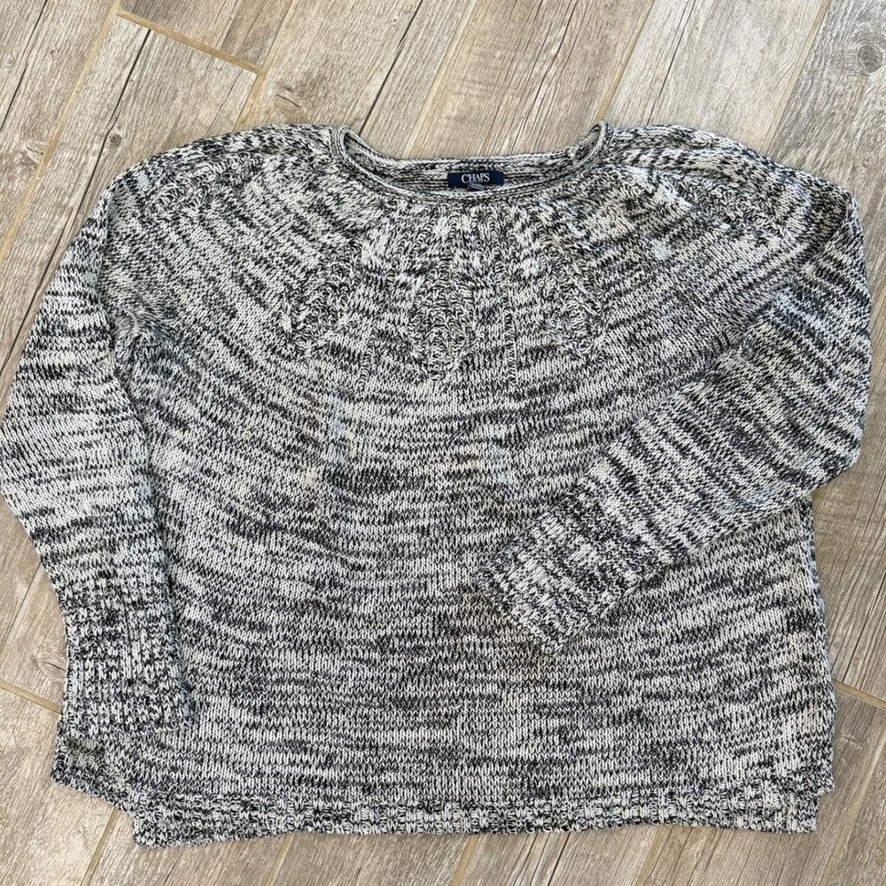 Chaps Vintage Sweater Womens XXL Black White Marl Space Dye Cable Yoke Slit Hem